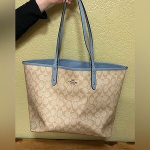 Authentic Coach Reversible City Tote Bag Blue/Signature Canvas Leather EUC